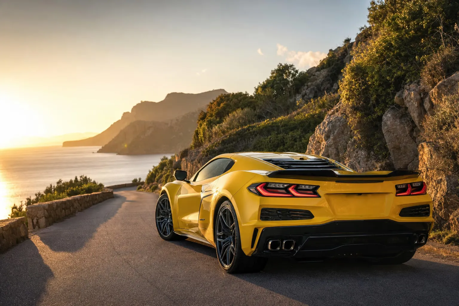 Chevrolet Corvette Z06 su strada costiera in Sardegna