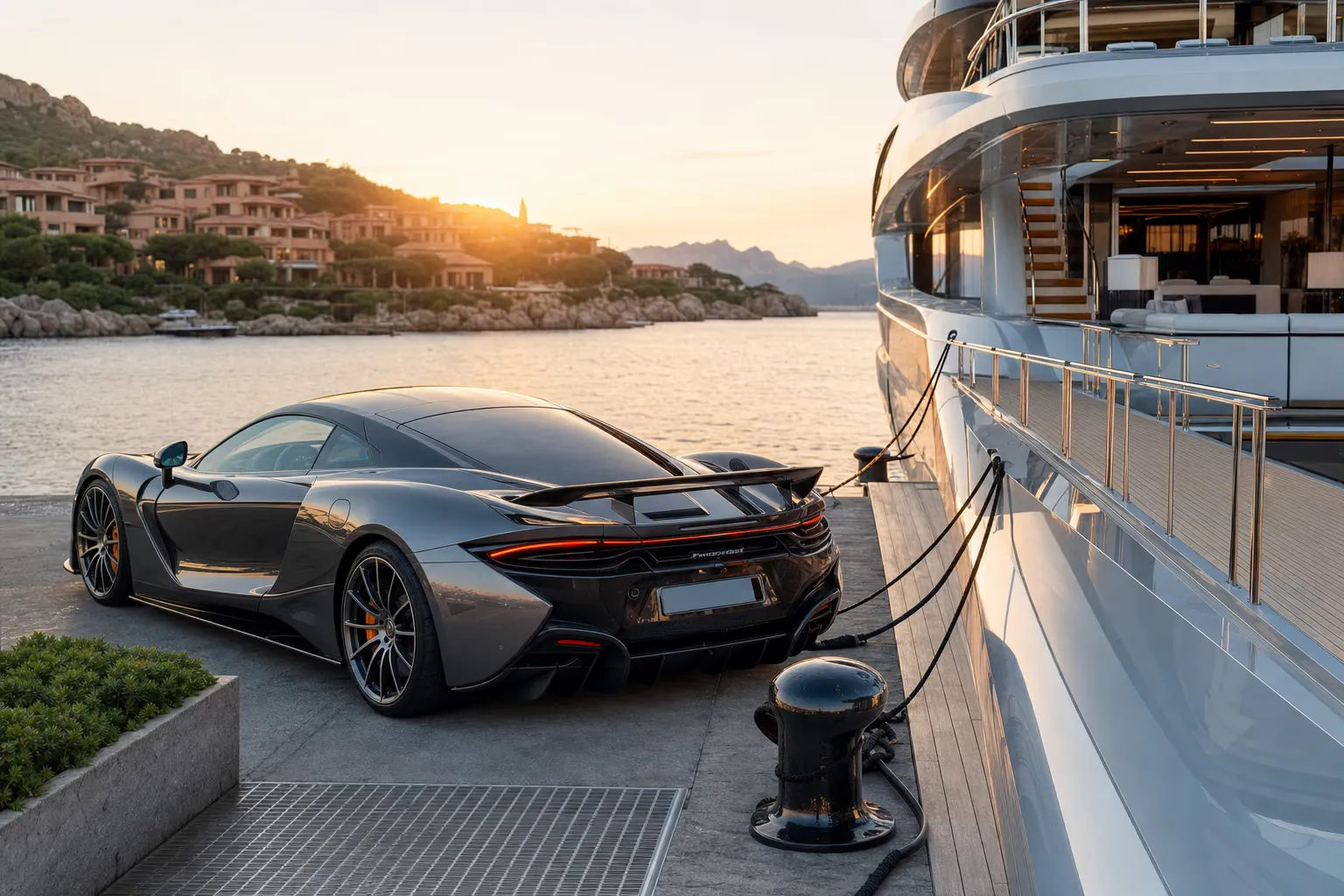 Consegna di una supercar su un pontile accanto a uno yacht in Sardegna
