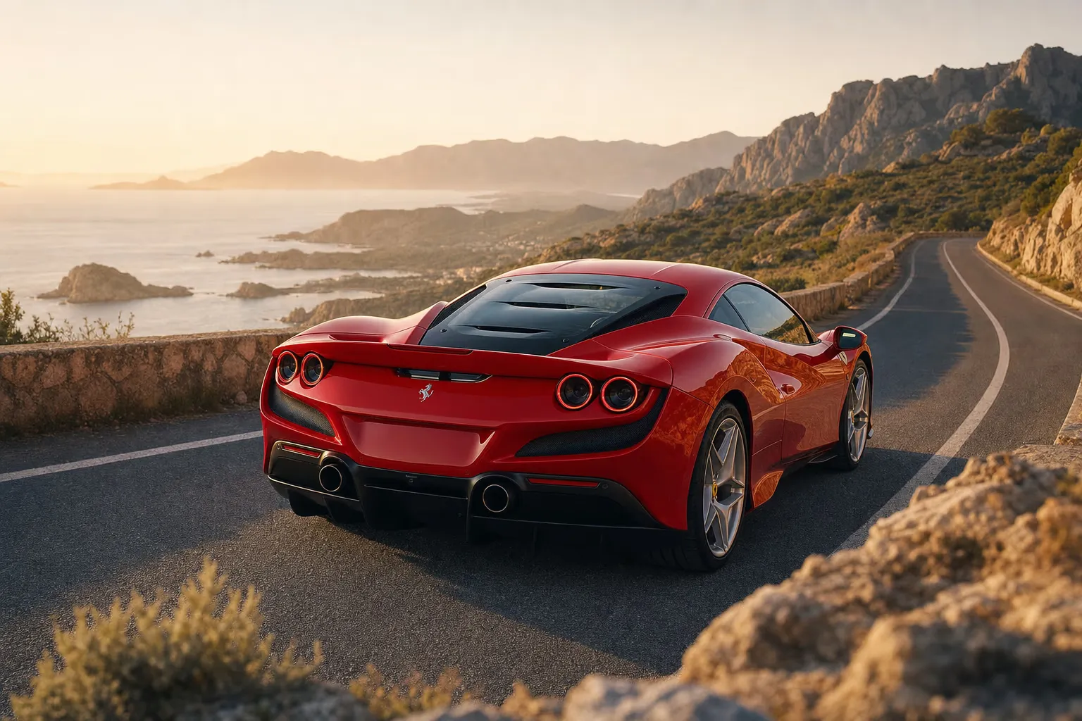 Ferrari F8 Tributo su strada costiera in Sardegna
