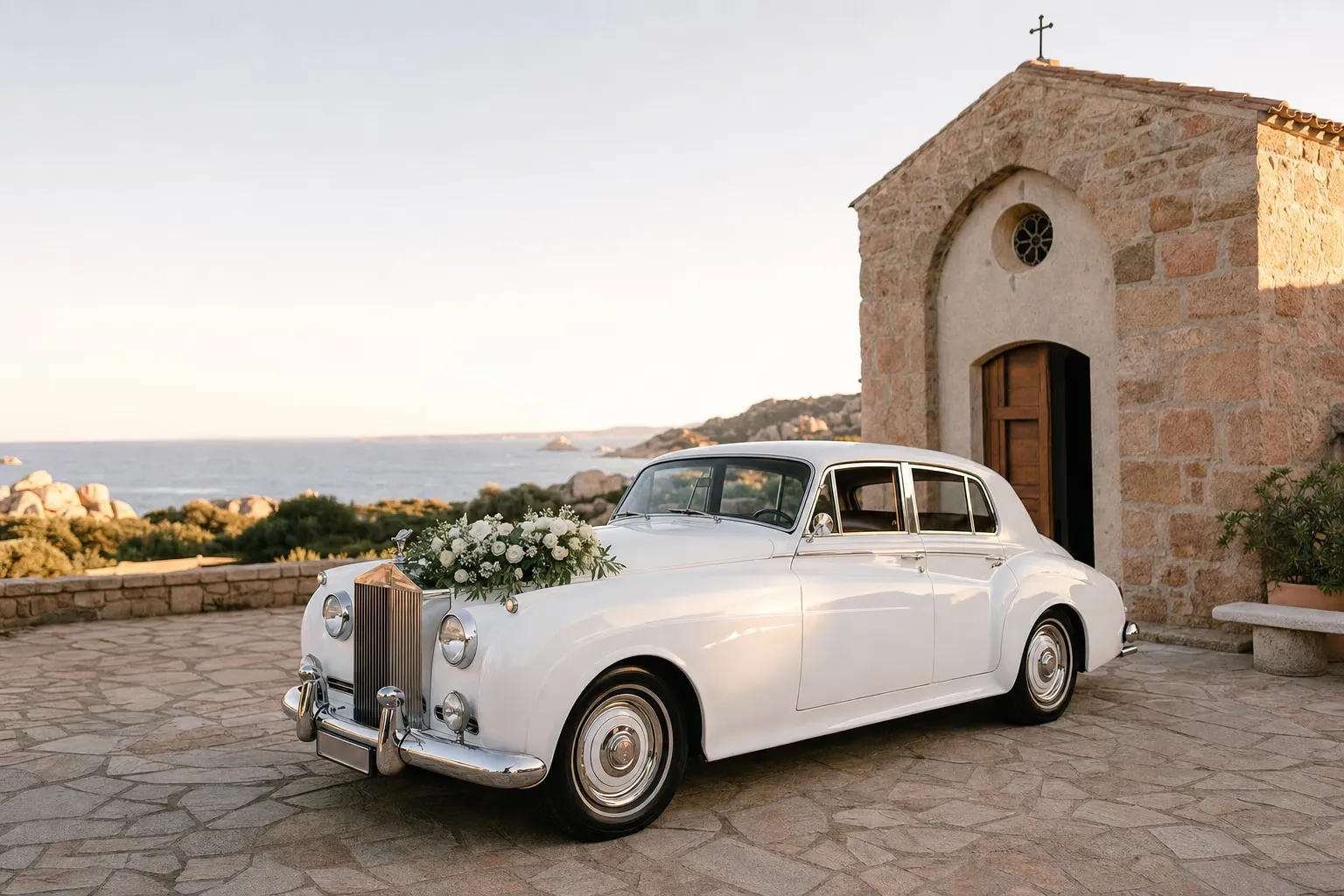 Auto di lusso decorata con fiori davanti a una villa bianca sul mare in Sardegna, pronta per gli sposi