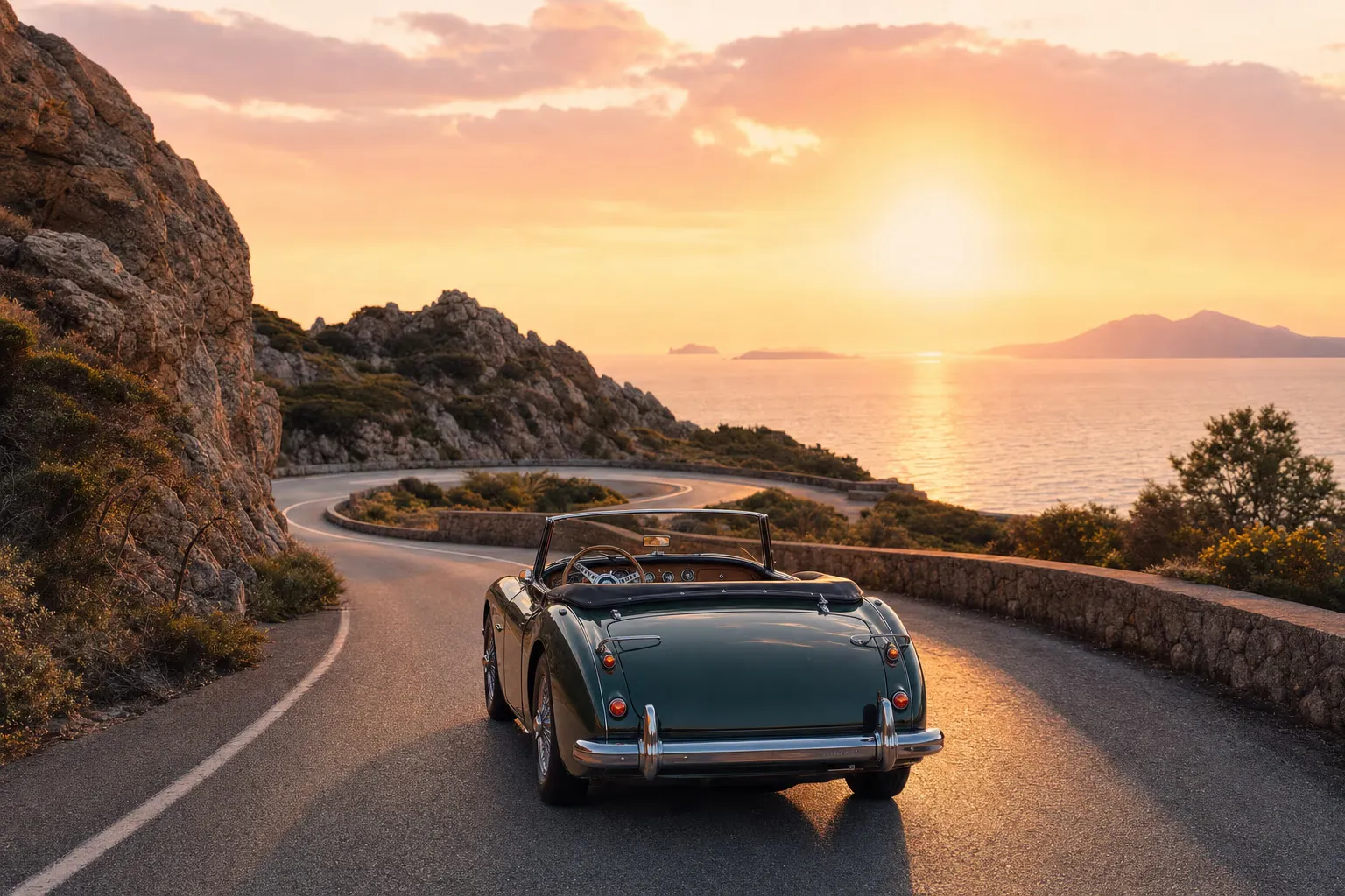 Cabrio con tetto aperto lungo la litoranea sarda al tramonto, tra mare turchese e graniti della Costa Smeralda