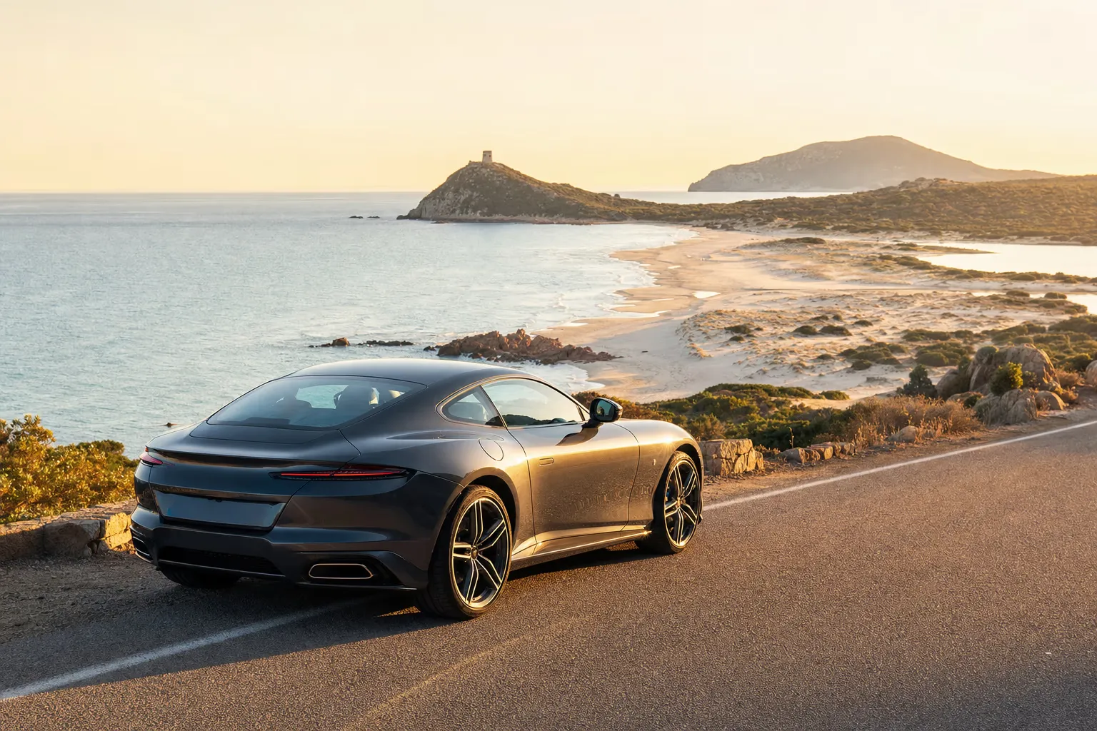 Gran turismo sulla strada panoramica della Costa del Sud in Sardegna, tra promontori e mare turchese in direzione Chia