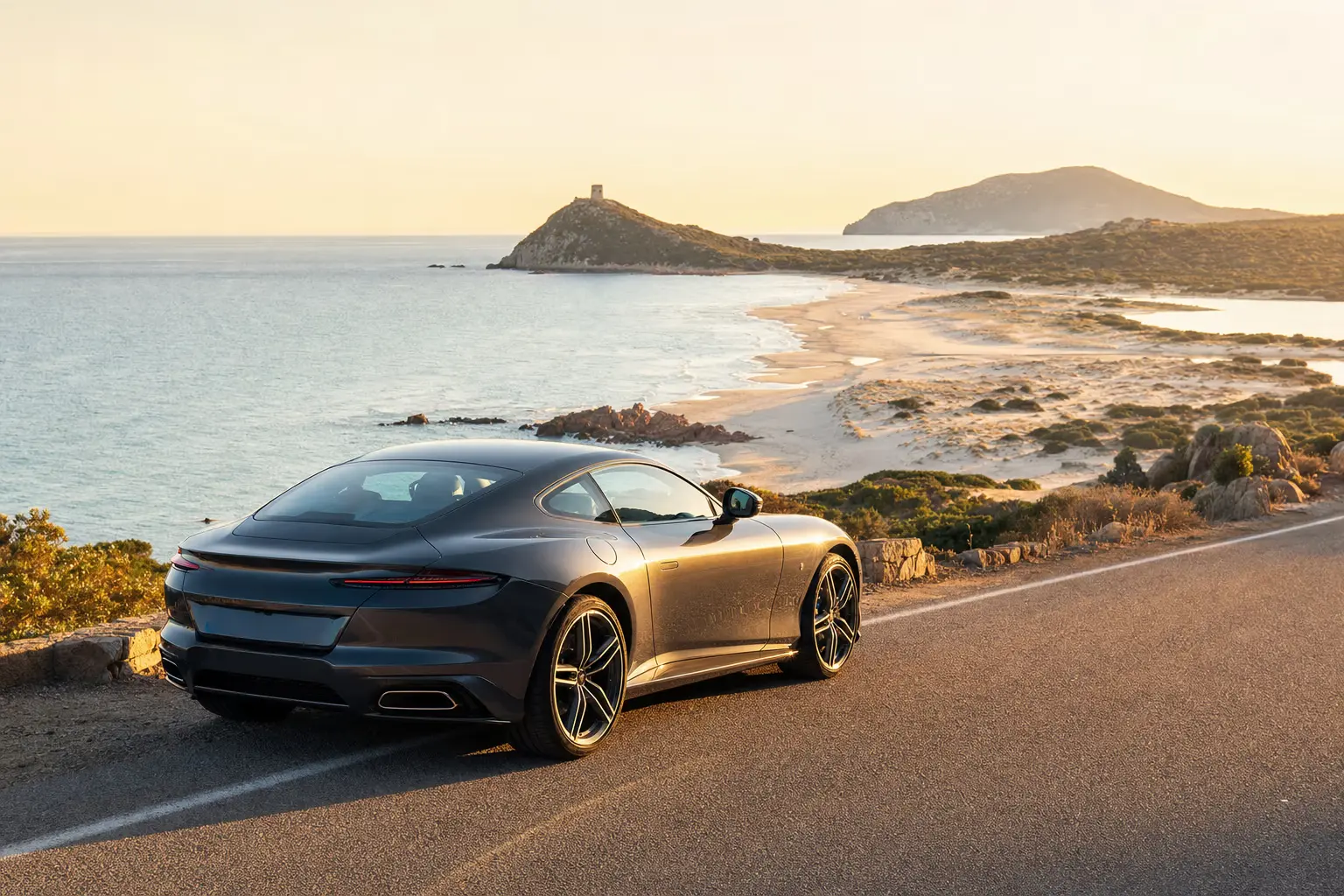 Gran turismo sulla strada panoramica della Costa del Sud in Sardegna, tra promontori e mare turchese in direzione Chia