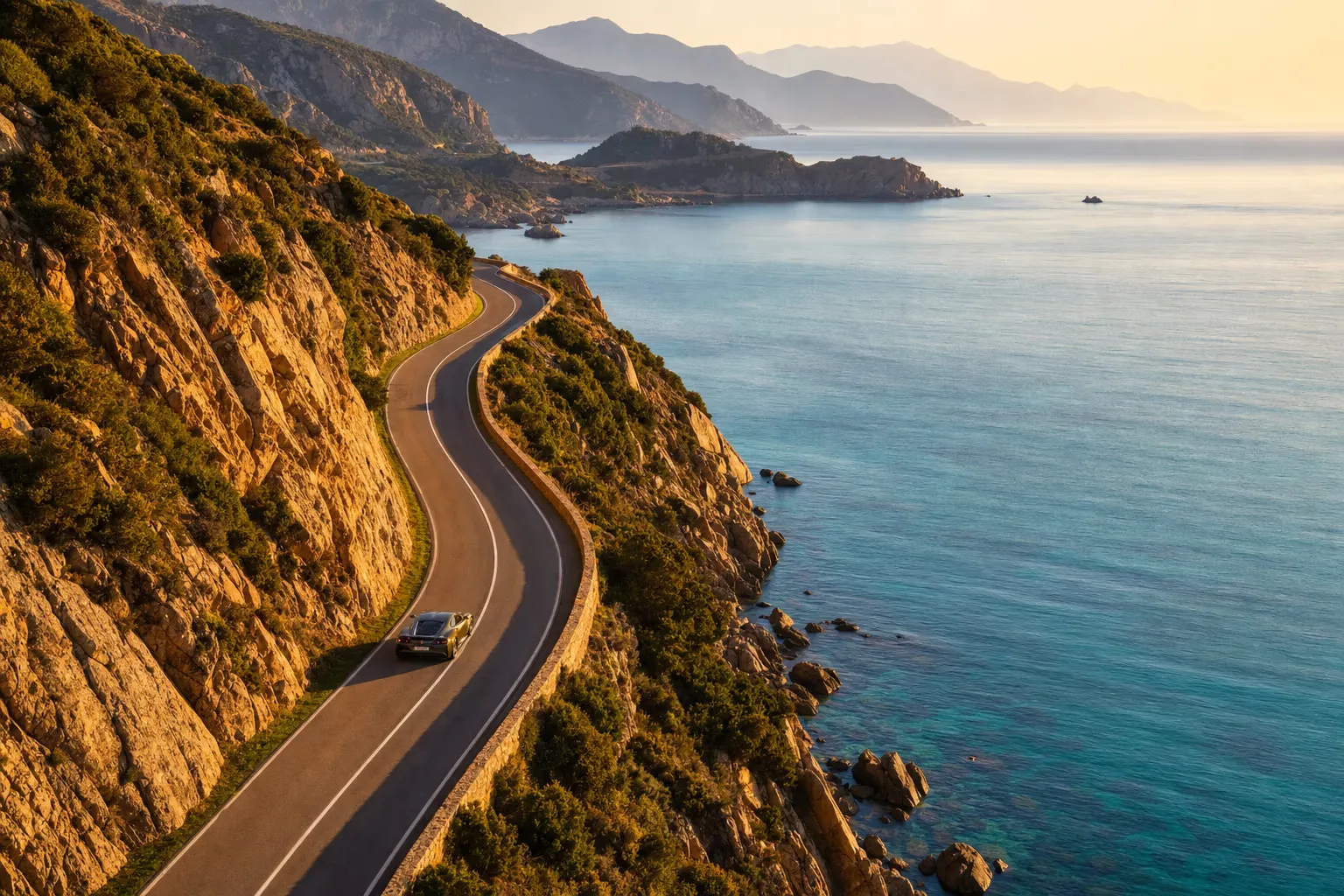 Supercar lungo una litoranea panoramica della Sardegna, tra curve a picco sul mare turchese e macchia mediterranea