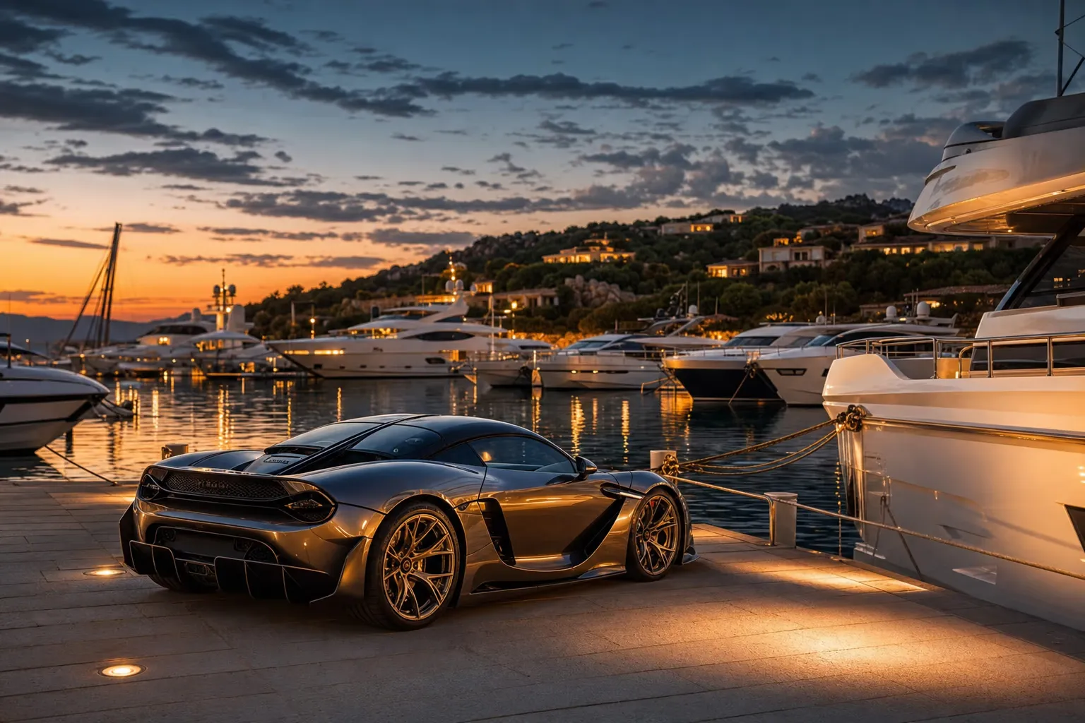 Supercar in banchina in una marina della Sardegna al tramonto, tra yacht ormeggiati e luci dorate del porto