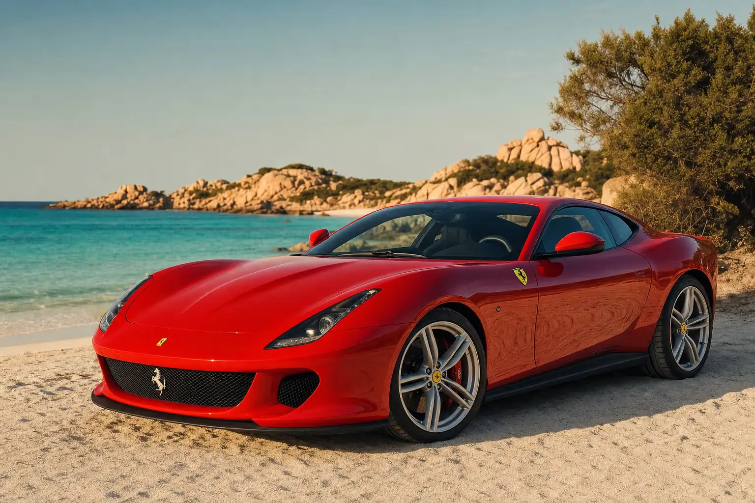 Supercar su una spiaggia di sabbia bianca in Sardegna al tramonto