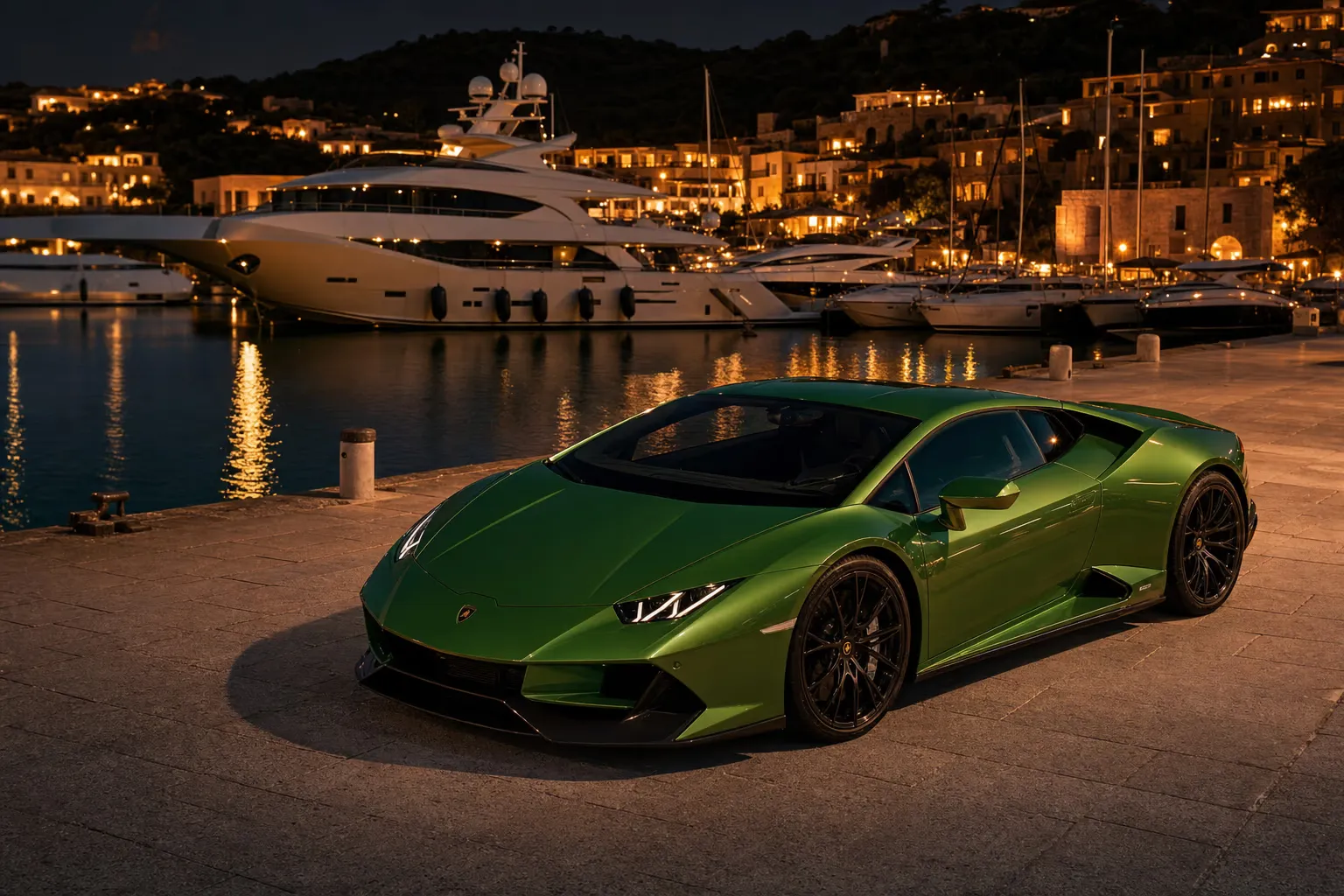 Lamborghini Huracán di notte in una marina esclusiva in Sardegna