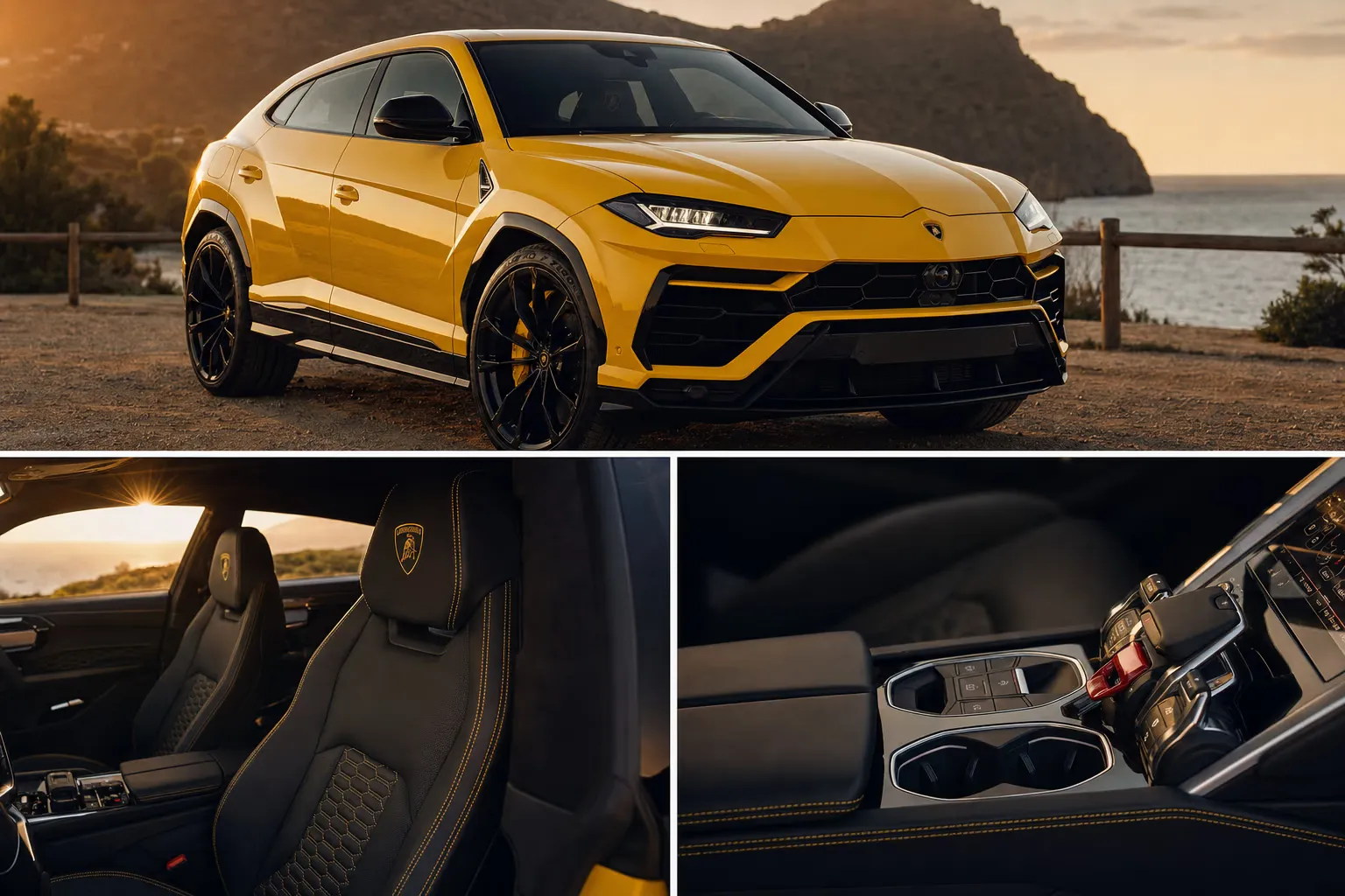 Dettaglio degli interni di Lamborghini Urus in luce calda