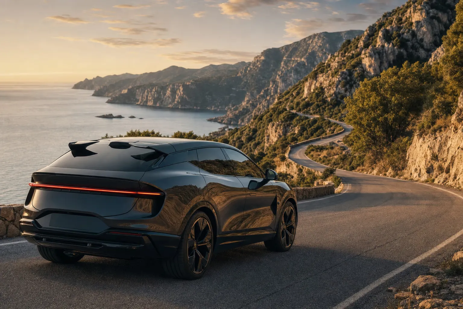 Lotus Eletre R su strada costiera in Sardegna