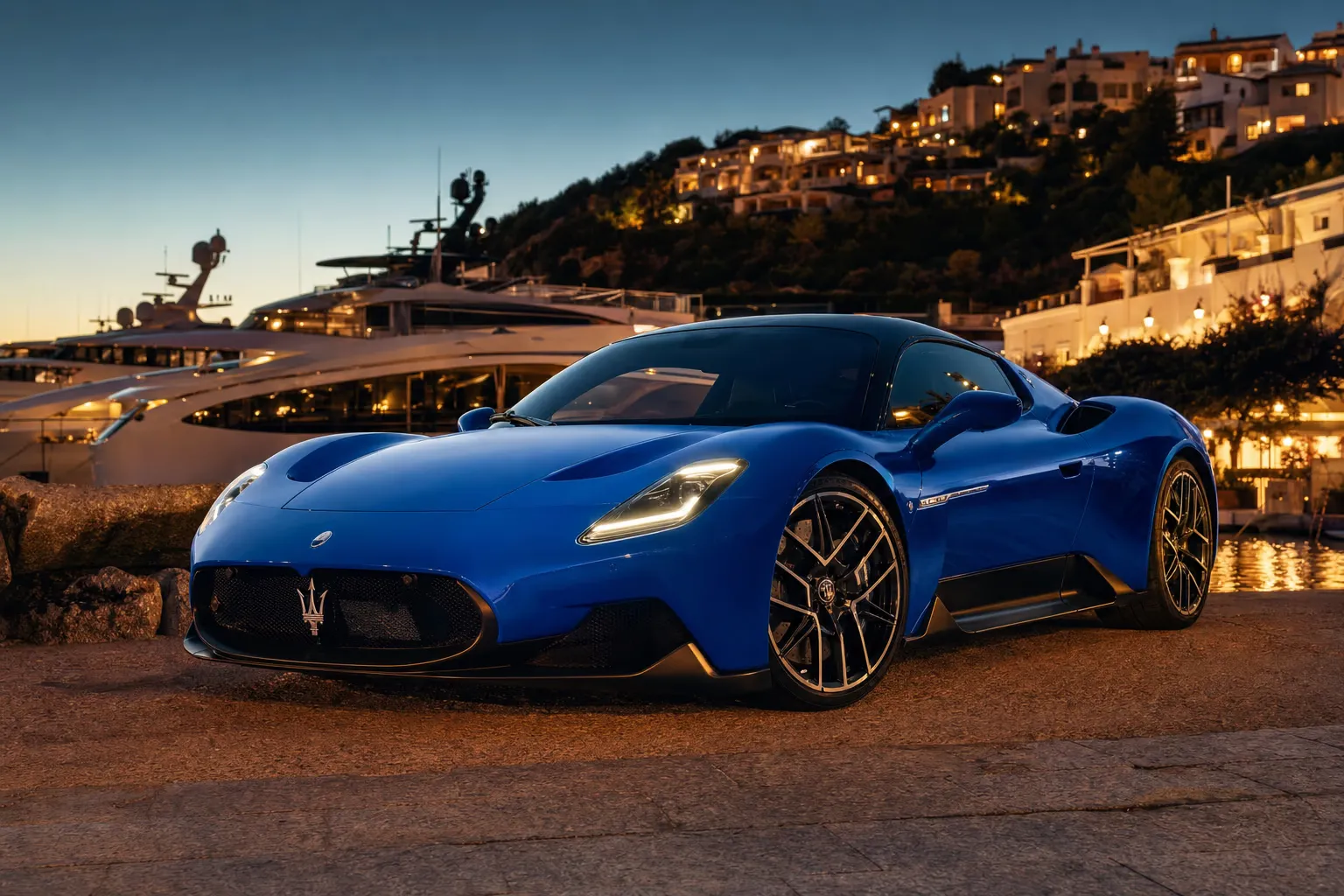 Maserati MC20 di notte in una marina esclusiva in Sardegna