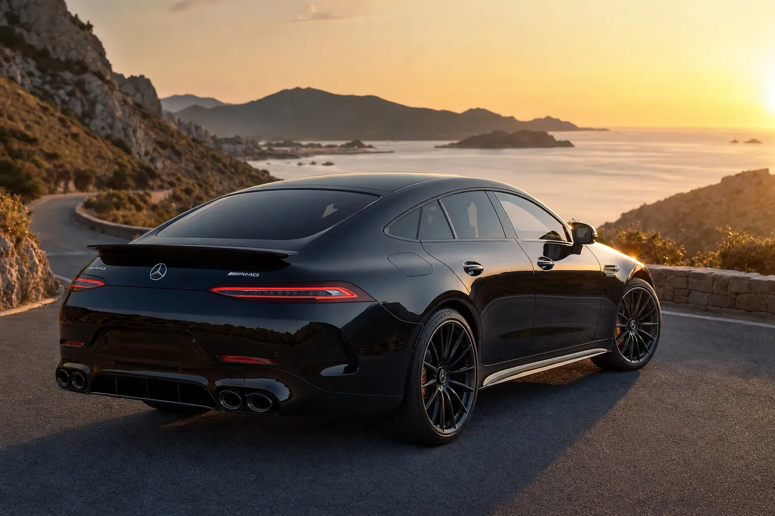 Mercedes-AMG AMG GT 4 Porte su strada costiera in Sardegna