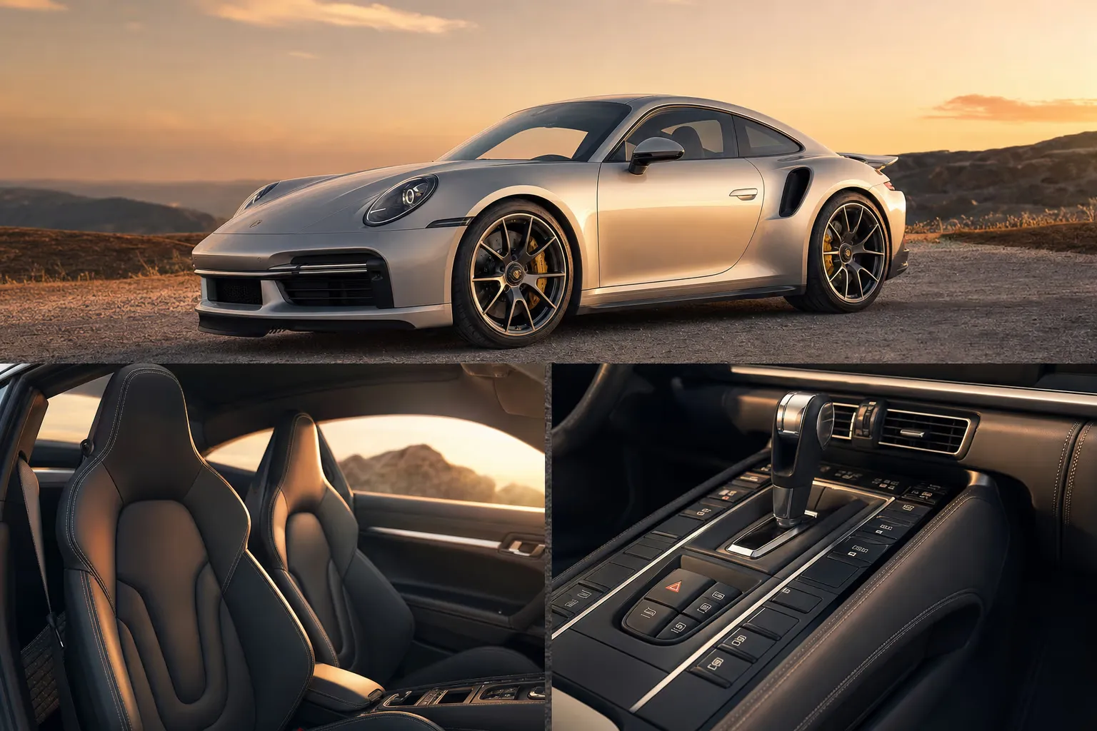 Dettaglio degli interni di Porsche 911 Turbo in luce calda