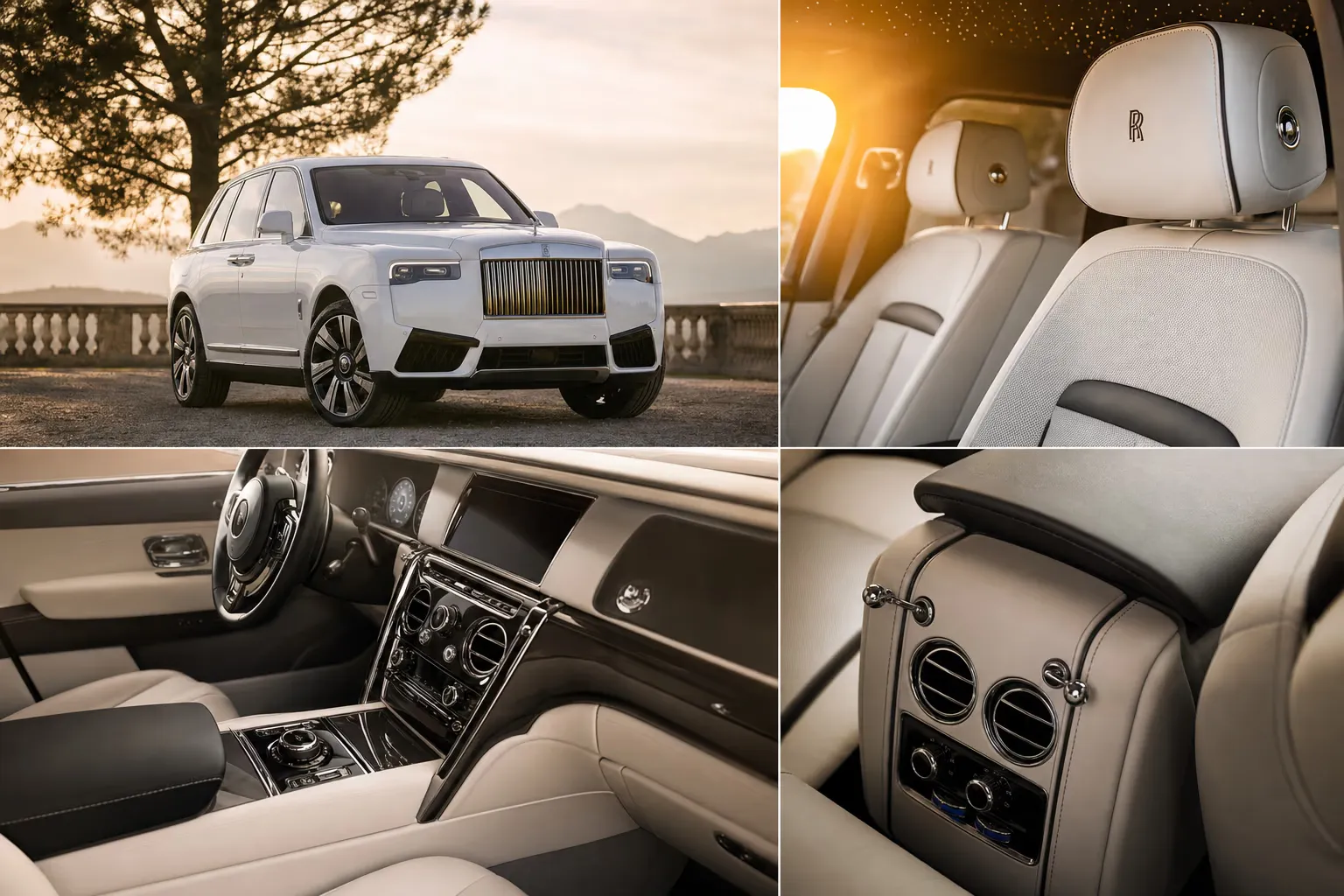 Dettaglio degli interni di Rolls-Royce Cullinan in luce calda