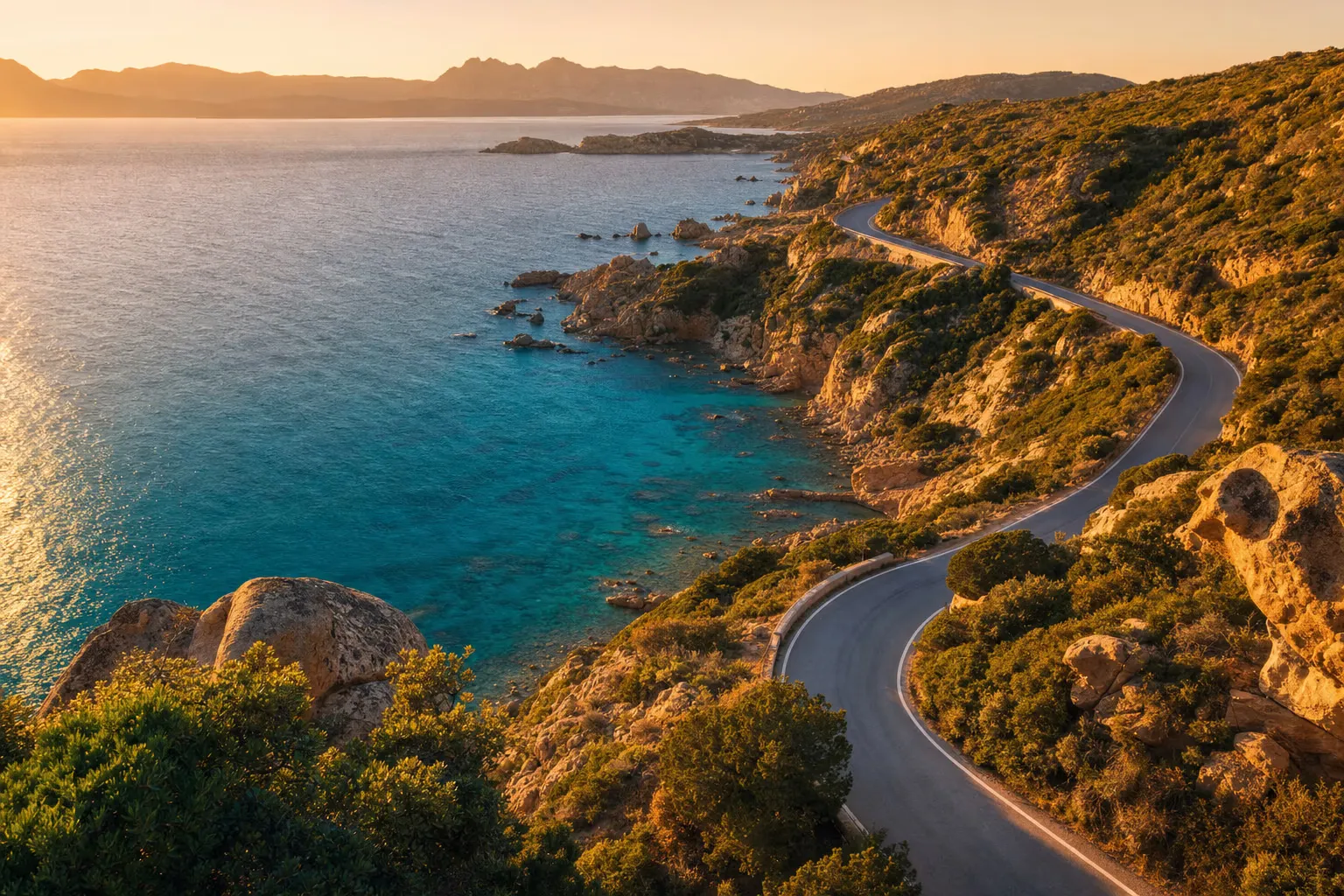 Strada costiera sarda al tramonto vista dall’alto