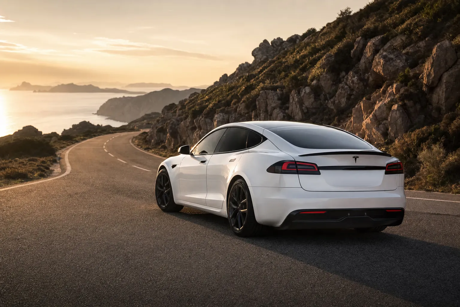 Tesla Model S Plaid su strada costiera in Sardegna